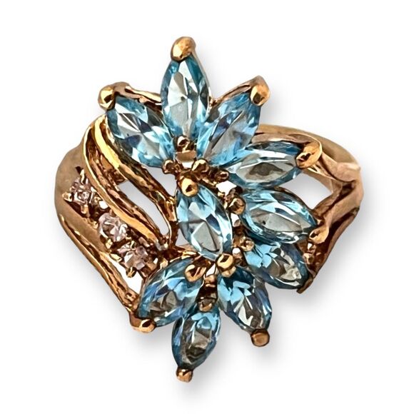 Vintage Ring Size 6 Blue Crystal Cluster 14K Gold Plate Mid-Century 14E - Picture 3 of 14